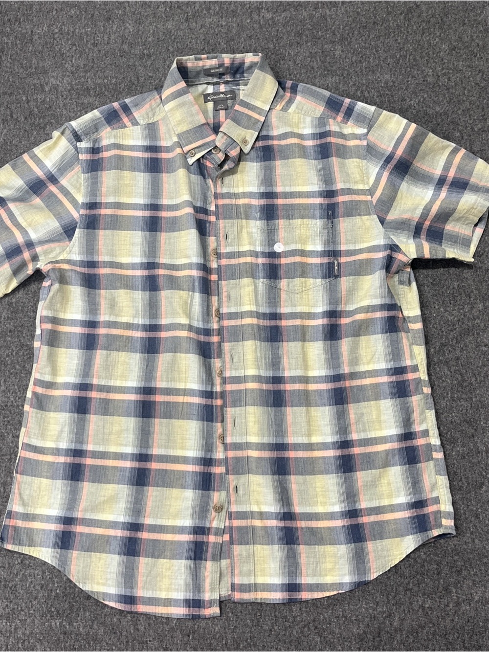 Eddie Bauer Short-Sleeve Plaid Button-Down in Navy, Pale Green & Pink